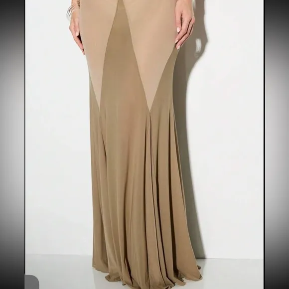 Mesh v neck brown tan white geometric semi sheer spaghetti strap maxi dress