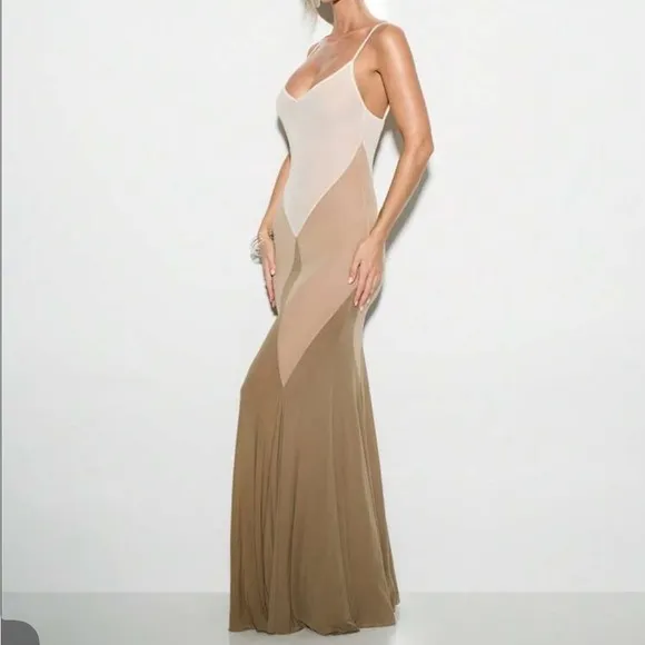 Mesh v neck brown tan white geometric semi sheer spaghetti strap maxi dress
