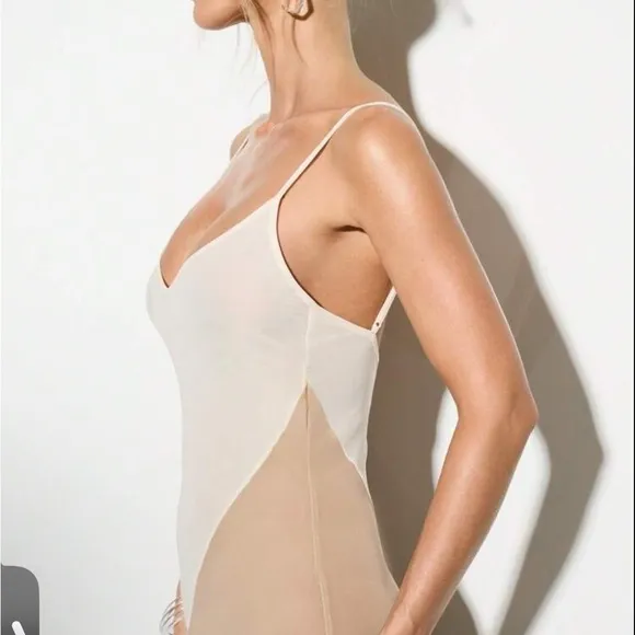 Mesh v neck brown tan white geometric semi sheer spaghetti strap maxi dress