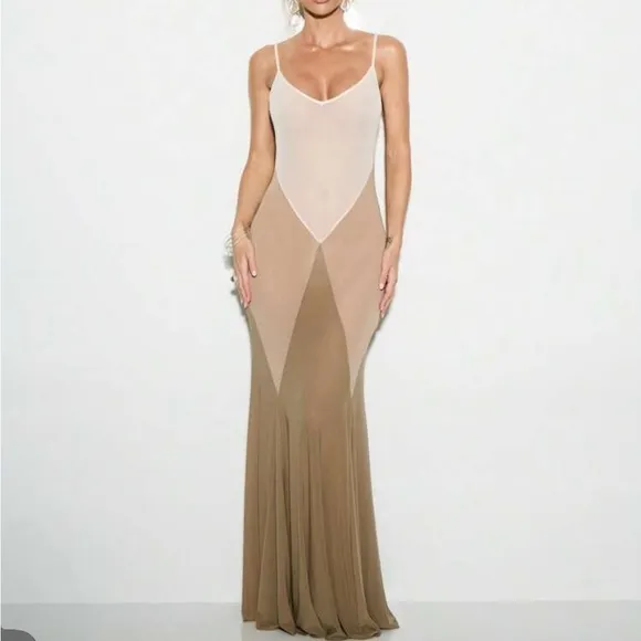 Mesh v neck brown tan white geometric semi sheer spaghetti strap maxi dress