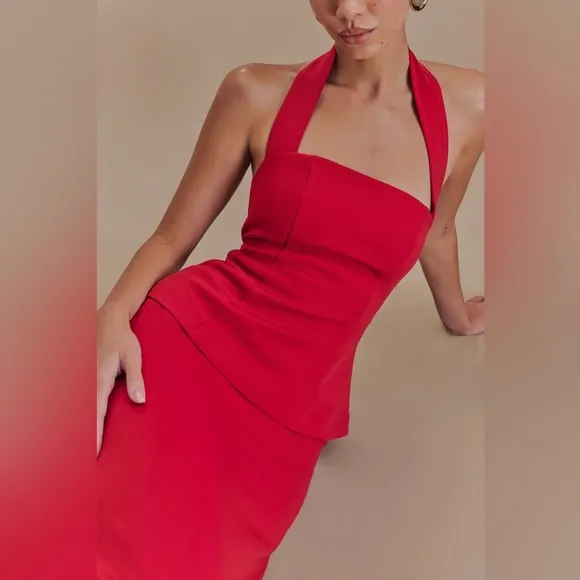 Meshki- Bertie Peplum Halter Maxi Special Occasion wedding guest Dress- Red Ruby
