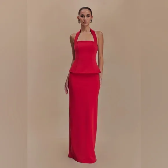 Meshki- Bertie Peplum Halter Maxi Special Occasion wedding guest Dress- Red Ruby