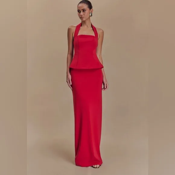 Meshki- Bertie Peplum Halter Maxi Special Occasion wedding guest Dress- Red Ruby