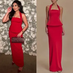 Meshki- Bertie Peplum Halter Maxi Special Occasion wedding guest Dress- Red Ruby