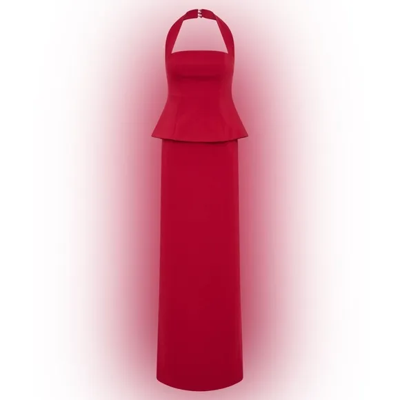 Meshki- Bertie Peplum Halter Maxi Special Occasion wedding guest Dress- Red Ruby
