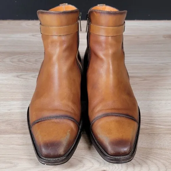 Mezlan Boots Shoes Mens Sz 9 Cognac Brown Leather Cap Toe Side Zip Buckle S20114