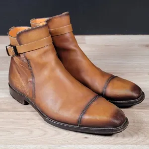 Mezlan Boots Shoes Mens Sz 9 Cognac Brown Leather Cap Toe Side Zip Buckle S20114
