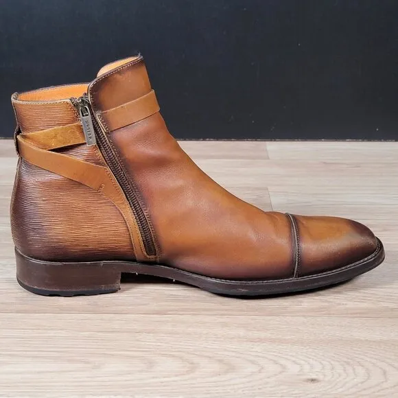Mezlan Boots Shoes Mens Sz 9 Cognac Brown Leather Cap Toe Side Zip Buckle S20114