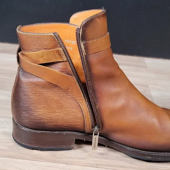 Mezlan Boots Shoes Mens Sz 9 Cognac Brown Leather Cap Toe Side Zip Buckle S20114