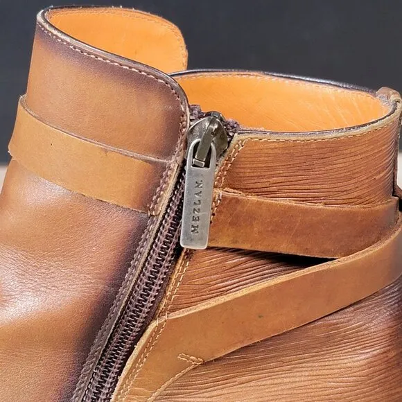 Mezlan Boots Shoes Mens Sz 9 Cognac Brown Leather Cap Toe Side Zip Buckle S20114