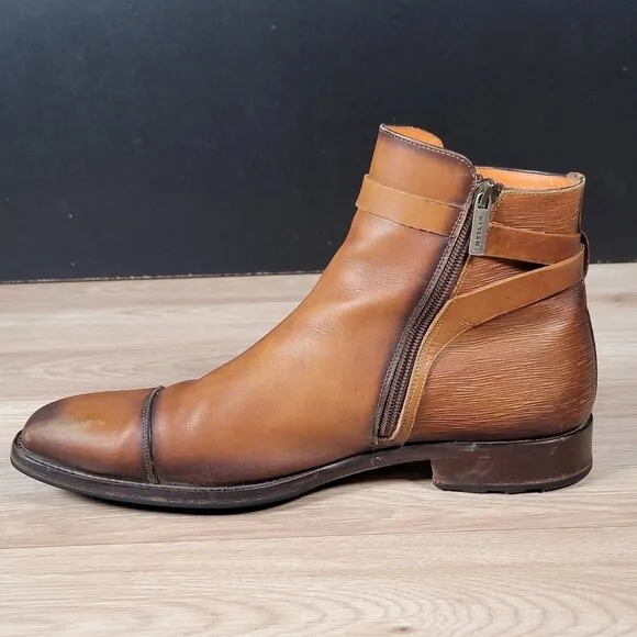 Mezlan Boots Shoes Mens Sz 9 Cognac Brown Leather Cap Toe Side Zip Buckle S20114