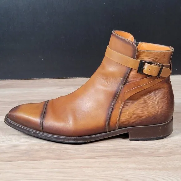 Mezlan Boots Shoes Mens Sz 9 Cognac Brown Leather Cap Toe Side Zip Buckle S20114