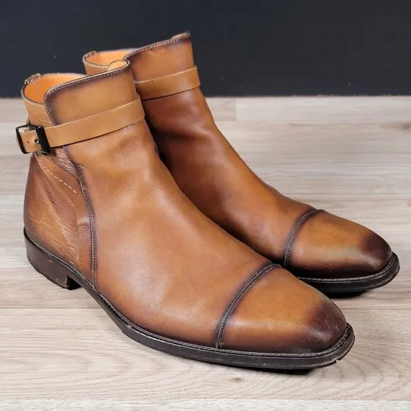 Mezlan Boots Shoes Mens Sz 9 Cognac Brown Leather Cap Toe Side Zip Buckle S20114