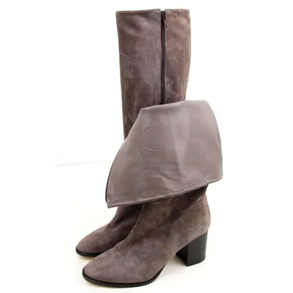 M Grigiarancio BROWN TAUPE GENUINE SUEDE LEATHER 3&quot; HEEL FULL ZIP SIDE BOOTS 38