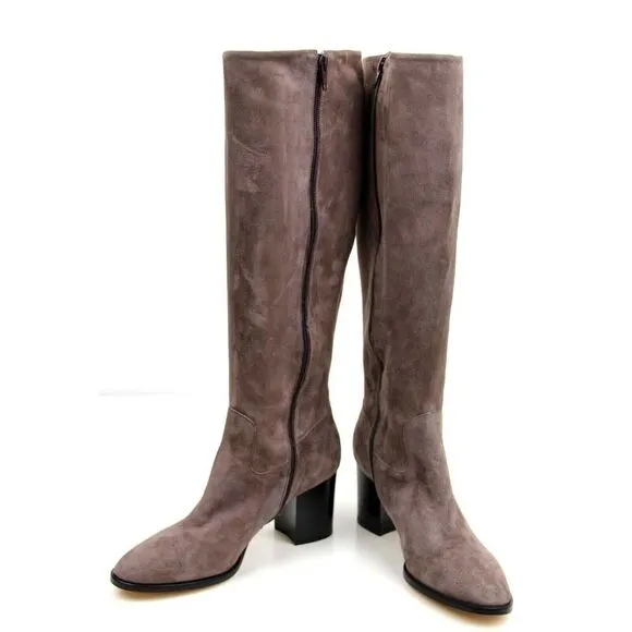 M Grigiarancio BROWN TAUPE GENUINE SUEDE LEATHER 3&quot; HEEL FULL ZIP SIDE BOOTS 38