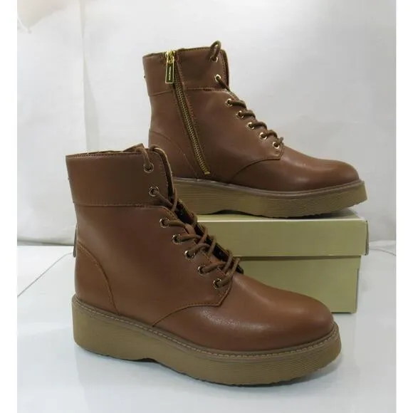 Michael Kors Aniya Lug Bootie Side Zip Lace Up Combat Boots Luggage Size 8