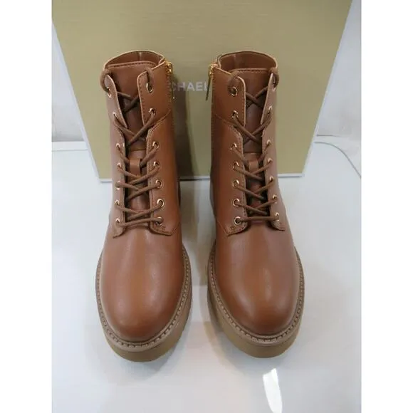 Michael Kors Aniya Lug Bootie Side Zip Lace Up Combat Boots Luggage Size 8