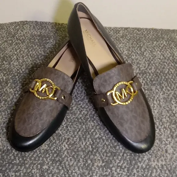 Michael Kors black leather and brown coated canvas women's loafers size …