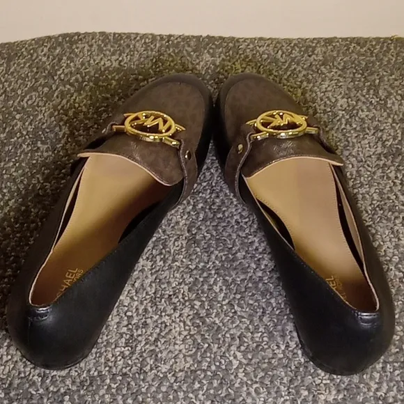 Michael Kors black leather and brown coated canvas women's loafers size …