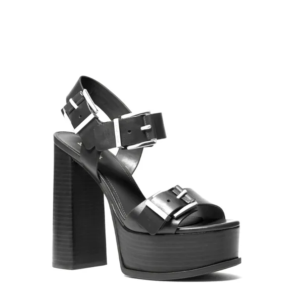 Michael Kors Black Leather Platform Sandals with Chunky Heel