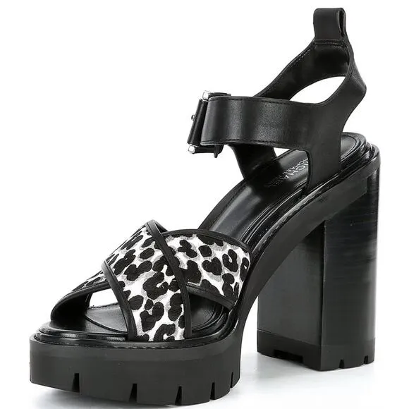 Michael Kors Colby Cheetah Lug Sandals 8.5M | Hair Calf Leather Chunky Heel