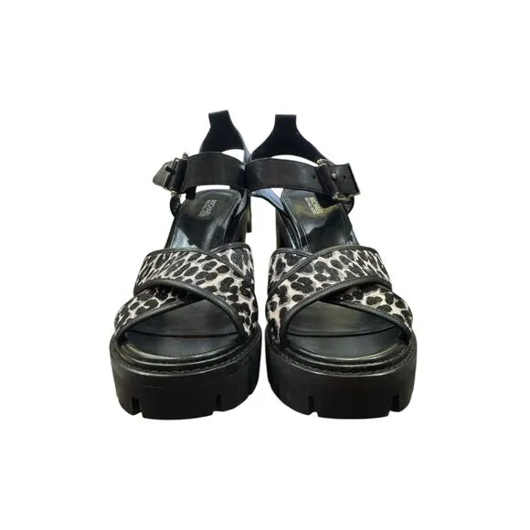 Michael Kors Colby Cheetah Lug Sandals 8.5M | Hair Calf Leather Chunky Heel