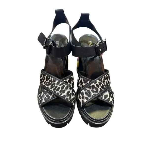 Michael Kors Colby Cheetah Lug Sandals 8.5M | Hair Calf Leather Chunky Heel