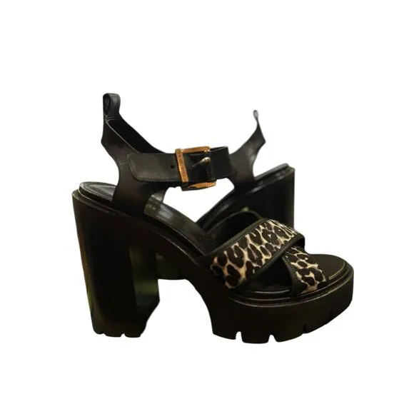 Michael Kors Colby Cheetah Lug Sandals 8.5M | Hair Calf Leather Chunky Heel