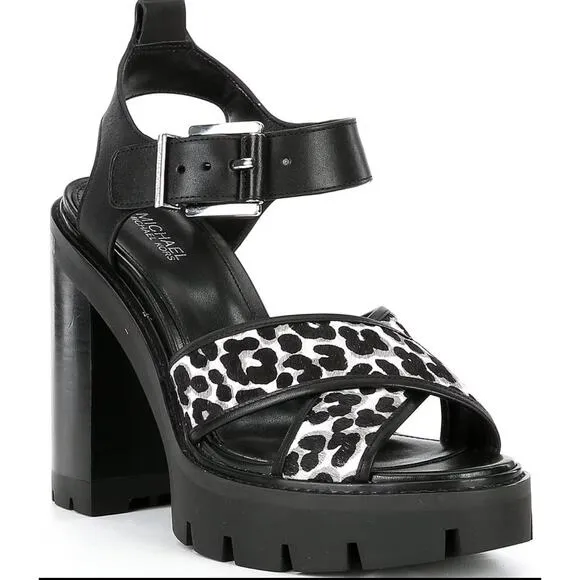 Michael Kors Colby Cheetah Lug Sandals 8.5M | Hair Calf Leather Chunky Heel