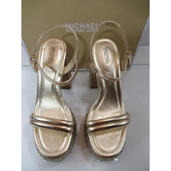 Michael Kors Laci Embellished Metallic Leather Platform Sandal Pale Gold Size 8