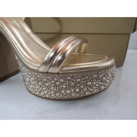 Michael Kors Laci Embellished Metallic Leather Platform Sandal Pale Gold Size 8