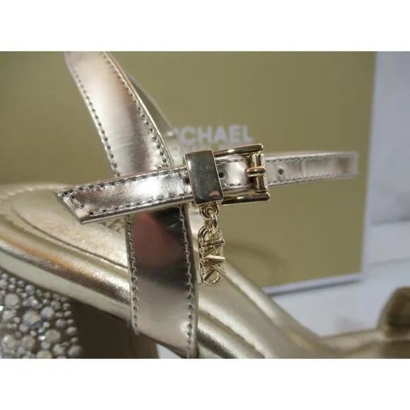 Michael Kors Laci Embellished Metallic Leather Platform Sandal Pale Gold Size 8