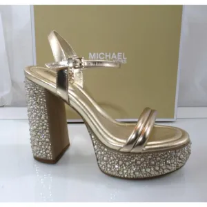 Michael Kors Laci Embellished Metallic Leather Platform Sandal Pale Gold Size 8