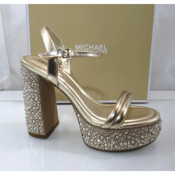 Michael Kors Laci Embellished Metallic Leather Platform Sandal Pale Gold Size 8