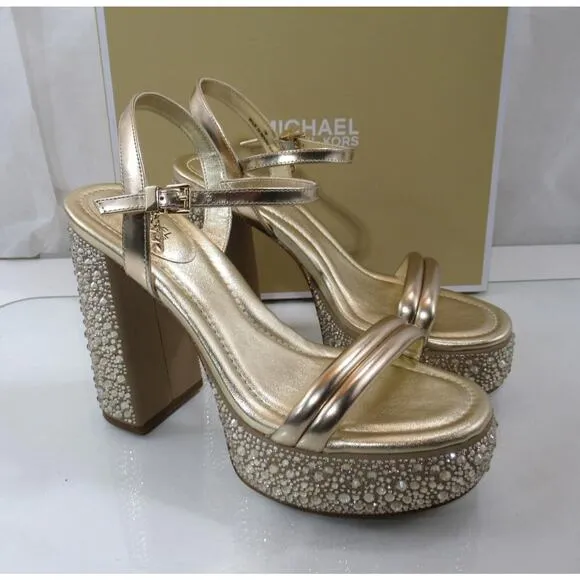 Michael Kors Laci Embellished Metallic Leather Platform Sandal Pale Gold Size 8