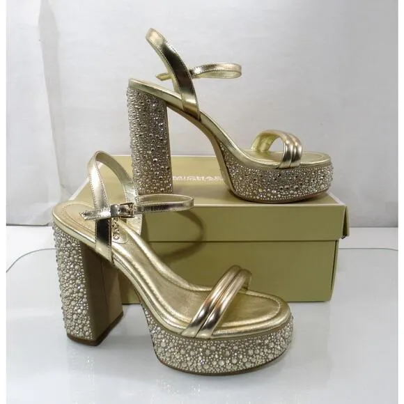 Michael Kors Laci Embellished Metallic Leather Platform Sandal Pale Gold Size 8