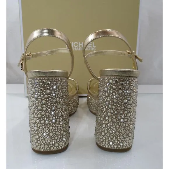 Michael Kors Laci Embellished Metallic Leather Platform Sandal Pale Gold Size 8