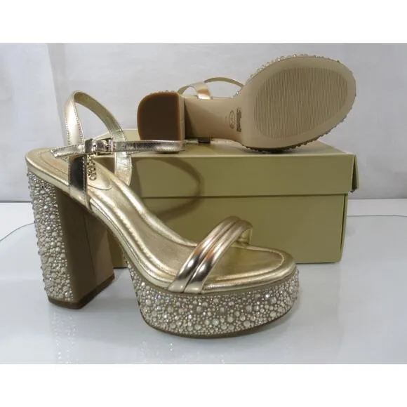 Michael Kors Laci Embellished Metallic Leather Platform Sandal Pale Gold Size 8