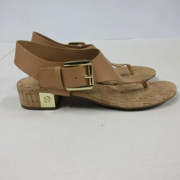 MICHAEL KORS London T-Strap City Sandals Sz 8.5 Brown Beige Leather Thongs Shoes
