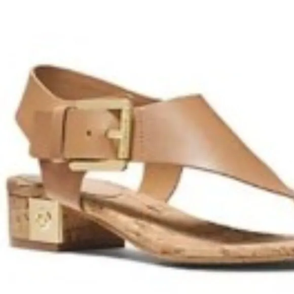 MICHAEL KORS London T-Strap City Sandals Sz 8.5 Brown Beige Leather Thongs Shoes