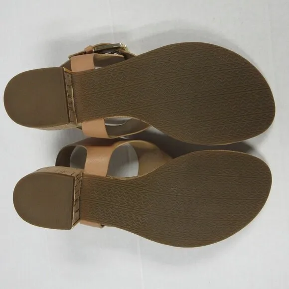 MICHAEL KORS London T-Strap City Sandals Sz 8.5 Brown Beige Leather Thongs Shoes