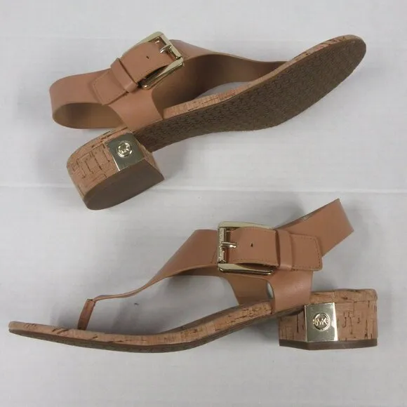 MICHAEL KORS London T-Strap City Sandals Sz 8.5 Brown Beige Leather Thongs Shoes