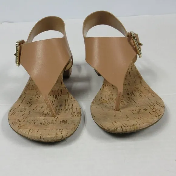 MICHAEL KORS London T-Strap City Sandals Sz 8.5 Brown Beige Leather Thongs Shoes
