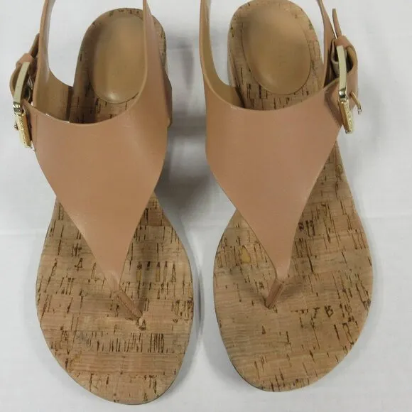 MICHAEL KORS London T-Strap City Sandals Sz 8.5 Brown Beige Leather Thongs Shoes