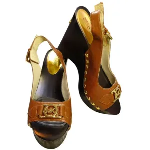 Michael Kors Tan Leather Ankle Strap Wedge Sandals 8M New