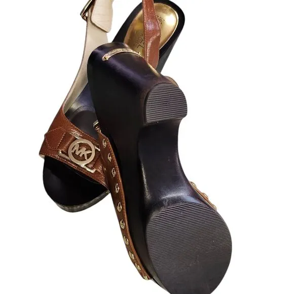 Michael Kors Tan Leather Ankle Strap Wedge Sandals 8M New
