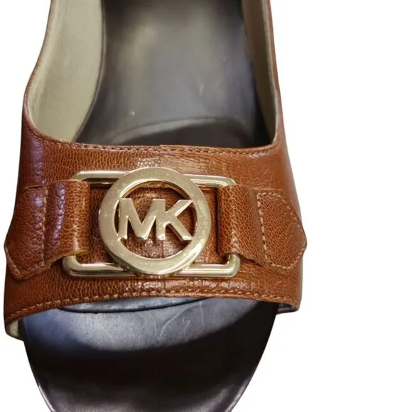 Michael Kors Tan Leather Ankle Strap Wedge Sandals 8M New