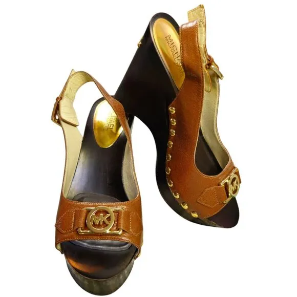 Michael Kors Tan Leather Ankle Strap Wedge Sandals 8M New