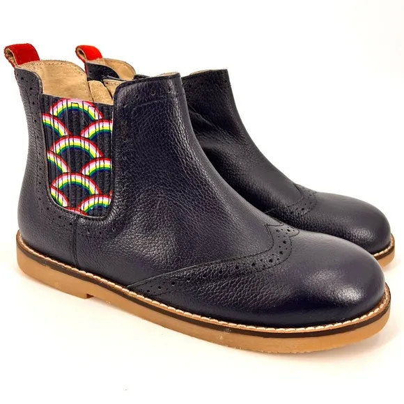 Mini Boden Leather Navy &amp; Rainbow Side Zip Chelsea Boots Sz 35 / US 3 NWOB