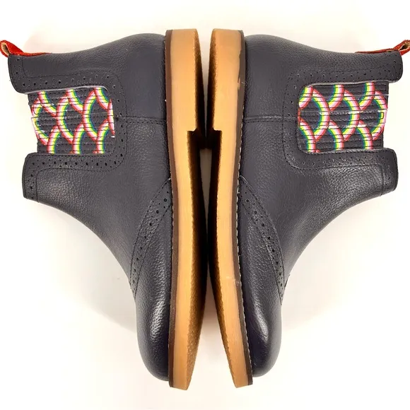 Mini Boden Leather Navy &amp; Rainbow Side Zip Chelsea Boots Sz 35 / US 3 NWOB